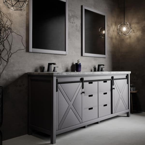 Marsyas 80 in W x 22 in D Dark Grey Double Bath Vanity, Carrara Marble Countertop, Faucet Set and 30 in Mirrors
