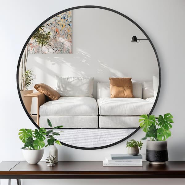 1-Piece Black 47 in. W x 47 in. H Aluminum Alloy Thin Edged Round Framed Wall Mirror