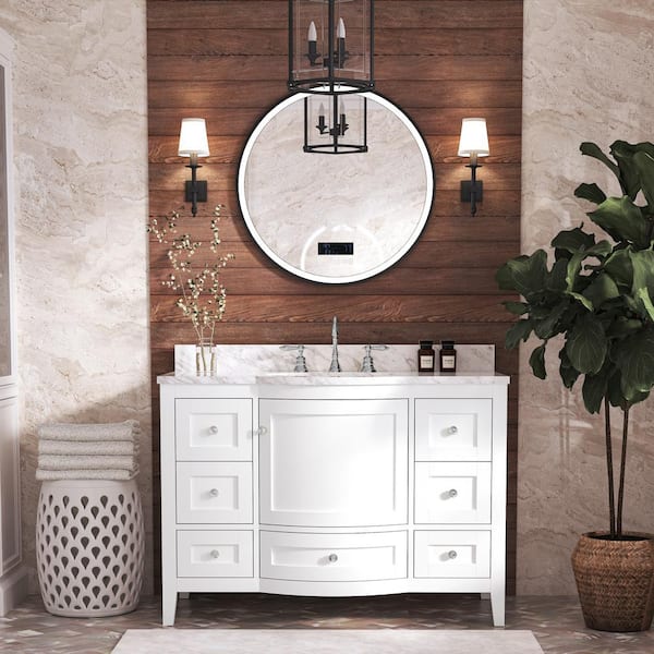48 in. W x 22 in. D Vanity in White with Marble Vanity Top in Carrara White with White Basin