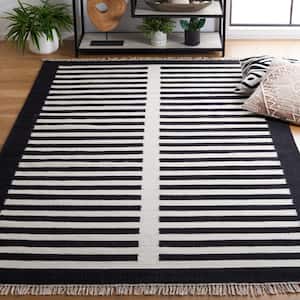 Striped Kilim Ivory Black Doormat 3 ft. x 5 ft. Border Striped Area Rug
