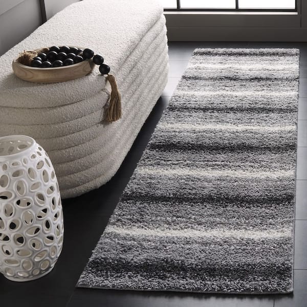 Border and Stripe Shag 2 ft. x 8 ft. Gray/Black Faded Striped Runner Rug