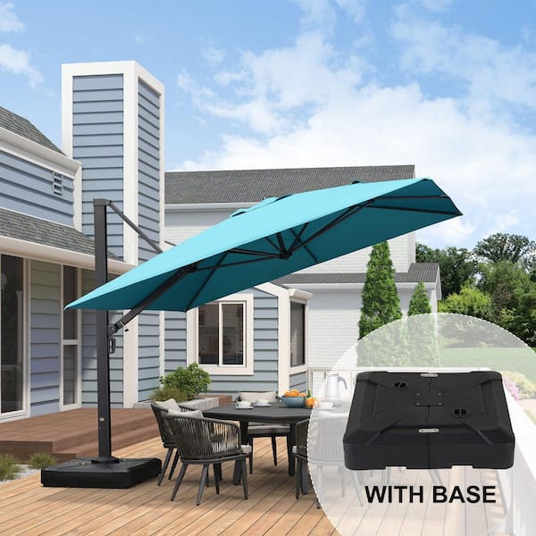 PURPLE LEAF 11 ft. Square Large Outdoor Aluminum Cantilever 360° Rotation Patio Umbrella with Base, Turquoise Blue