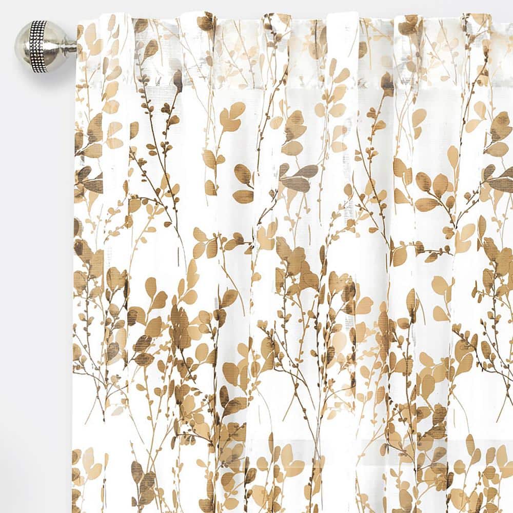 Hazelnut Floral Sheer Polyester Back Tab Curtain Panel, 52" x 63"