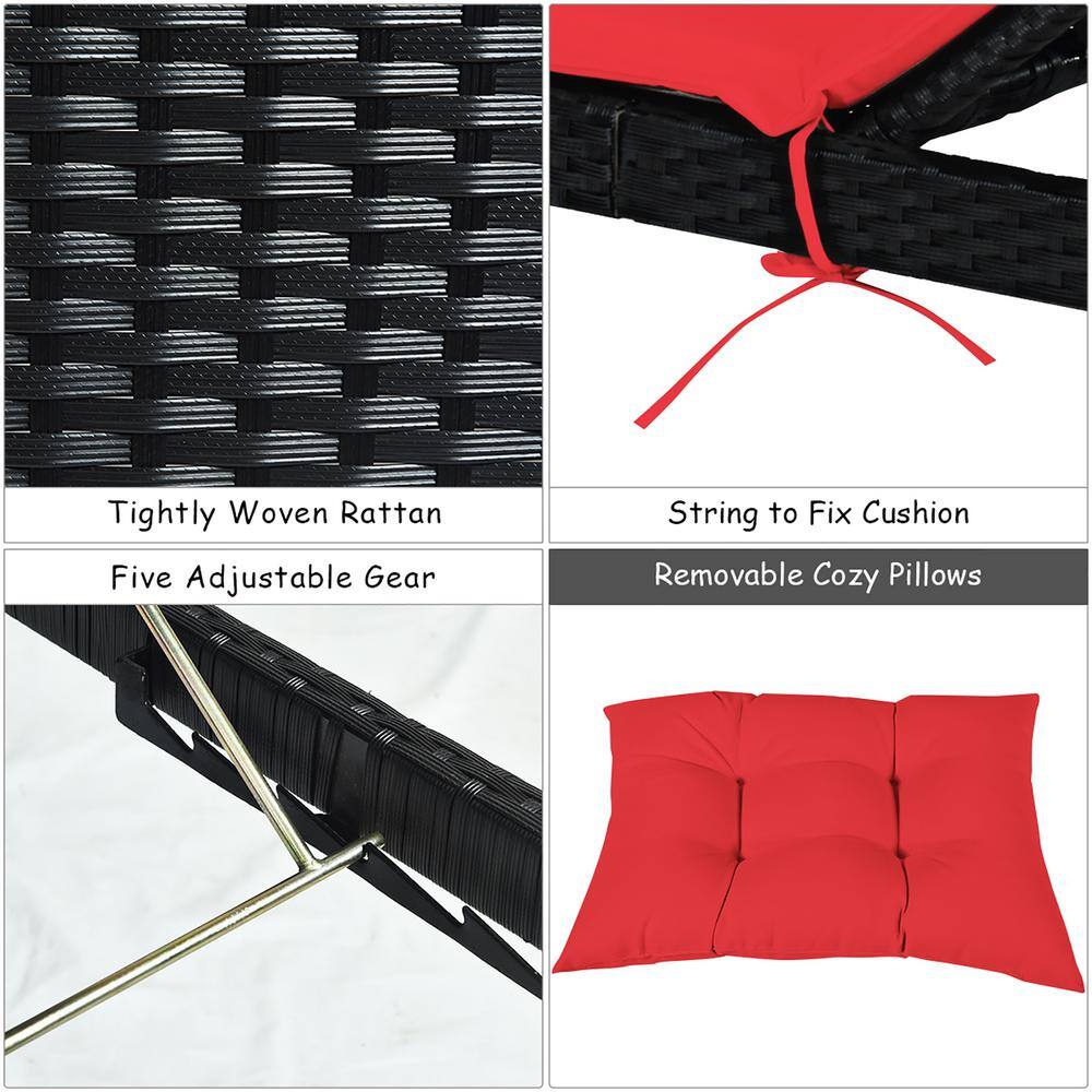 Red Cushioned Armless Steel Chaise Lounger Set
