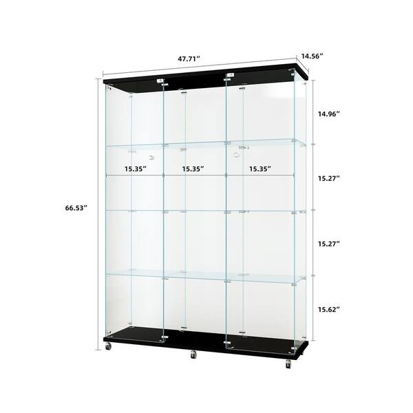 FUNKOL 66.14 in. x 47.64 in. x 14.57 in. 4-Shelf Wooden Ready to Assemble Base Display Cabinet in Black with 2 Glass Doors