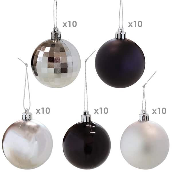 Modern Holiday 50-Piece Black and Silver Christmas Ornaments