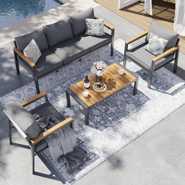 ELPOSUN 4-Piece Aluminum Patio Conversation Sectional Seating Set with Gray Cushions