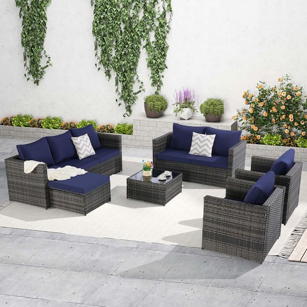 5-Piece Wicker Patio Conversation Set with Blue Cushions, Glass Table, Pillows