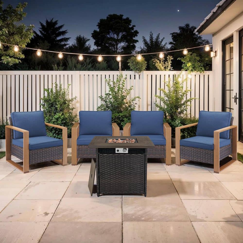 Cube Edge 5-Piece Brown Wicker Fire Pit Conversation Set with Olefin Blue Cushions/Patio Lounge Chairs price history on PriceWatchPro