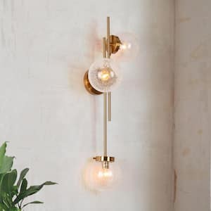 Icecrac Modern 30 in. 3-Light Plated Brass Bath Vanity Light with Cracked Ice Glass Globe Shades and Geometric Design