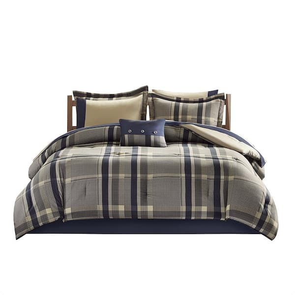Unbranded Plaid Navy Multi Polyester Twin Size Comforter Set with Bed Sheets