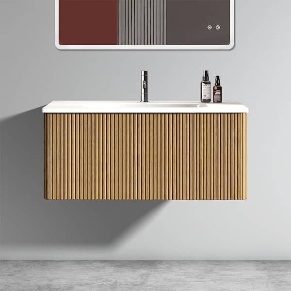 36in. Floating Single Sink Oak Bath Vanity with White Ceramic Top