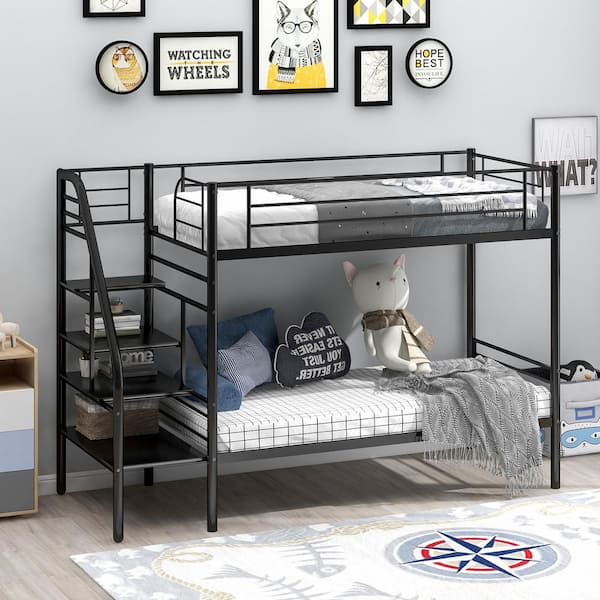 Qualfurn Black Twin Bunk Bed With Metal, Home Depot Bunk Bed Ladder