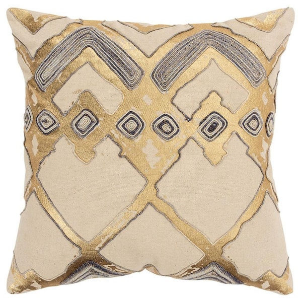 HomeRoots Natural, Gold Solid Polyester 20 in. x 20 in. Throw Pillow