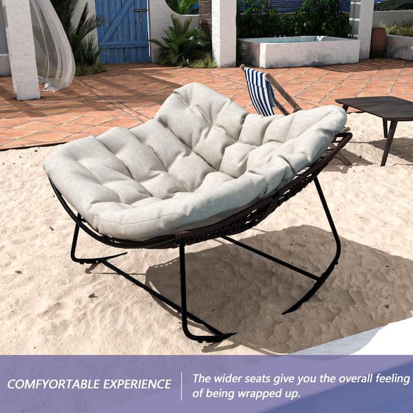 Sudzendf Black Metal Oversized Outdoor Rocking Chair Papasan Chair with Padded Beige Cushions 346403BG
