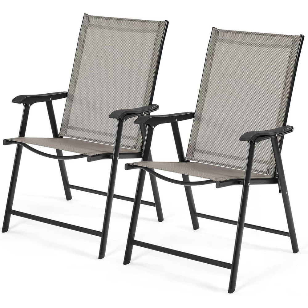 Folding Iron Outdoor Dining Chair in Brown (Set of 2) with Armrest