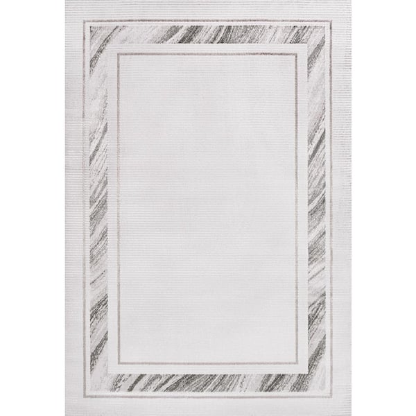 Athens Classic Border Marble Pattern High-Low Silver/White 8 ft. x 10 ft. Area Rug