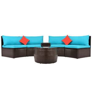 4-Piece Wicker Patio Conversation Sectional Seating Set with Blue Cushions and Pillows