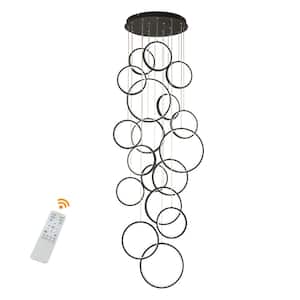 130-Watt 18-Light Black Modern Ring Dimmable Integrated LED Pendant Light with Remote for High Ceilings Staircase