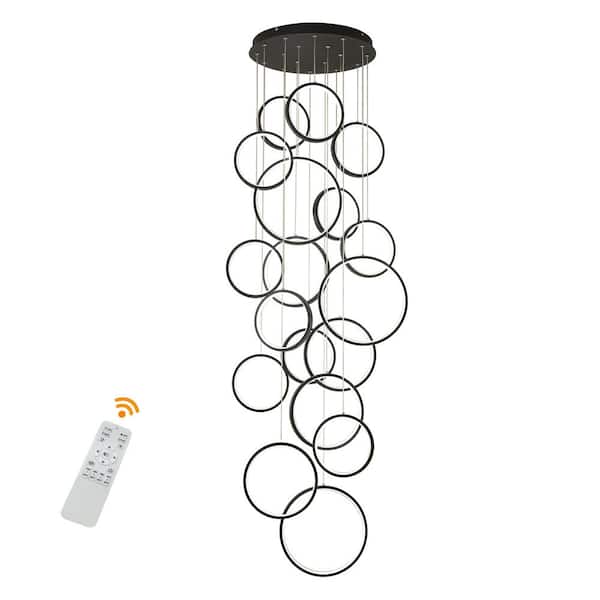 OUKANING 130-Watt 18-Light Black Modern Ring Dimmable Integrated LED Pendant Light with Remote for High Ceilings Staircase