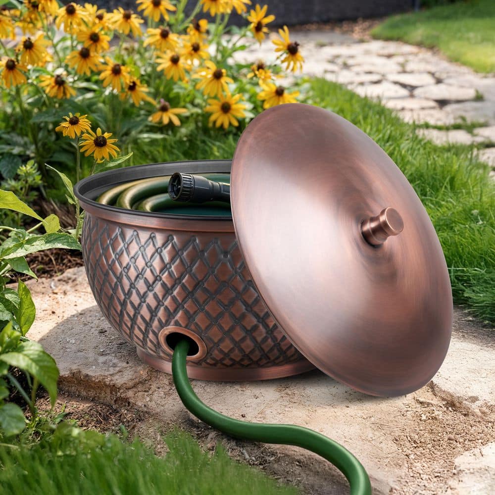 Diamond Embossed Metal Garden Hose Holder Pot with Lid, Antique Copper price history on PriceWatchPro