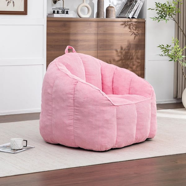 Revon Pink Corduroy Upholstered Bean Bag Chair with Armrests and High-Density Shredded Foam