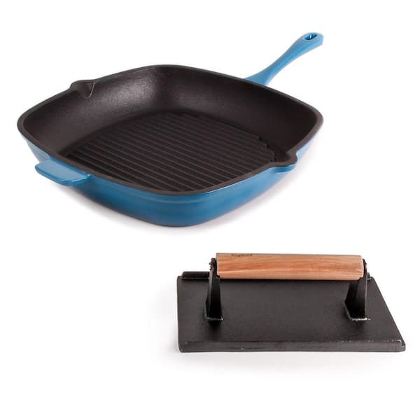 BergHOFF Neo 2-Piece Cast Iron 11 in. Grill Pan with Steak Press, Blue