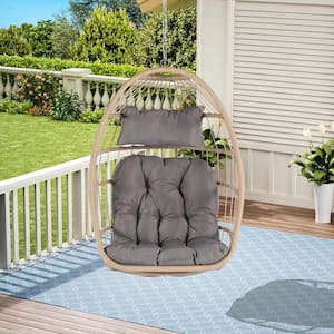 Patio Swing Egg Chair Outdoor Porch Rattan Hanging Chair with Light Gray Cushions Without Stand