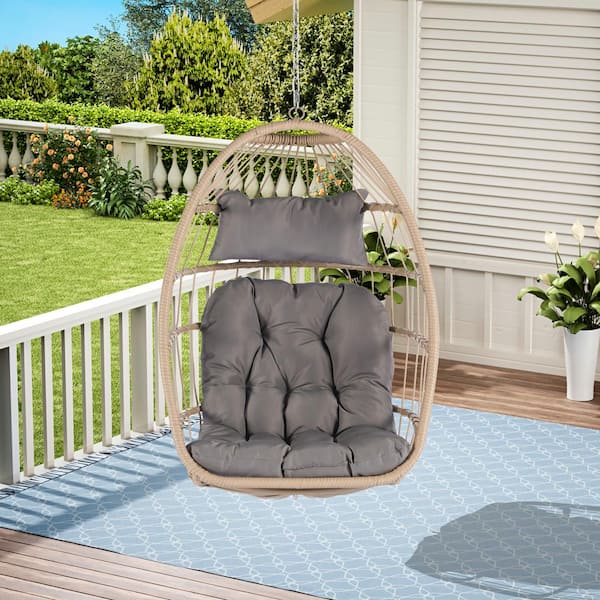 fiziti Patio Swing Egg Chair Outdoor Porch Rattan Hanging Chair with Light Gray Cushions Without Stand