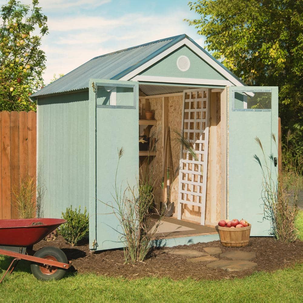 Gray 6' x 8' Wooden Garden Shed with Metal Roof and Shelving