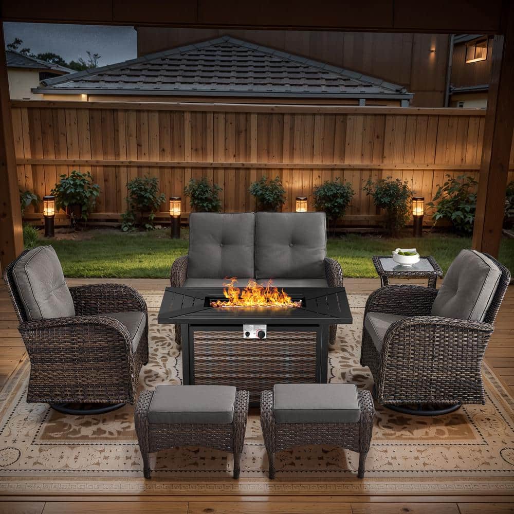 Brown 7-Piece Wicker Patio Fire Pit Set, Outdoor Glider Seating Set with Olefin Gray Cushions and Swivel Rockers price history on PriceWatchPro