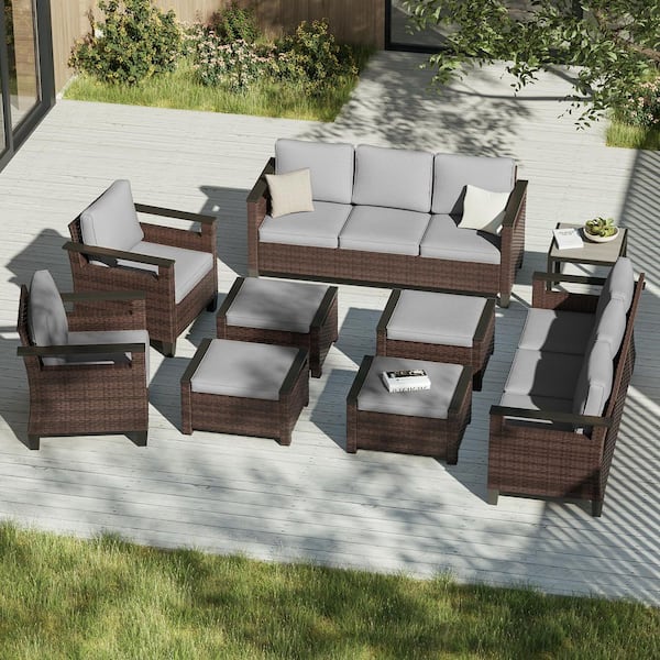 JOYESERY 9-Piece Patio Conversation Set with Side Table Wide Armrests Sofa with Ottoman Brown Wicker Gray Cushions