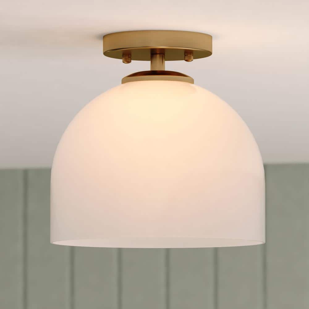 Shelby 9.25-Inch Brass and White Glass Semi-Flush Mount Light