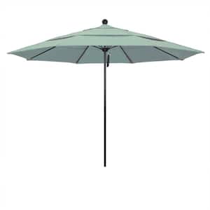 11 ft. Black Aluminum Commercial Market Patio Umbrella with Fiberglass Ribs and Pulley Lift in Spa Sunbrella
