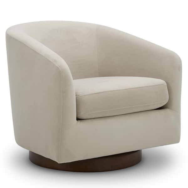 Spruce & Spring Nereus Beige Velvet Swivel Accent Chair with Arms and Wood Base