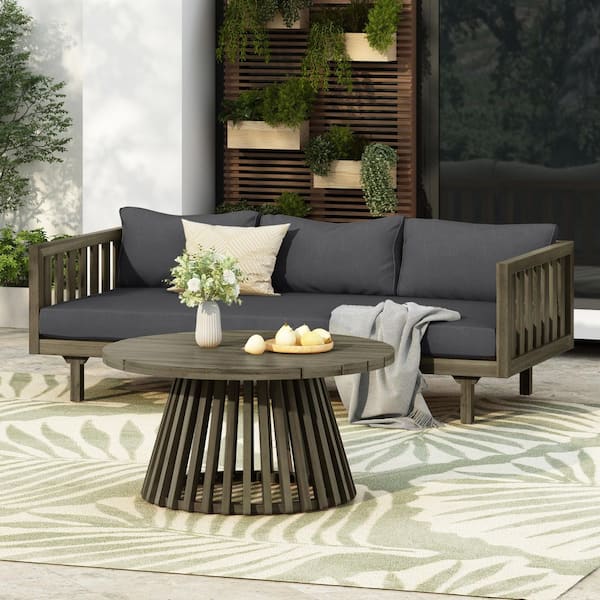 2-Piece Gray Acacia Wood Patio Conversation Set with Gray Cushions
