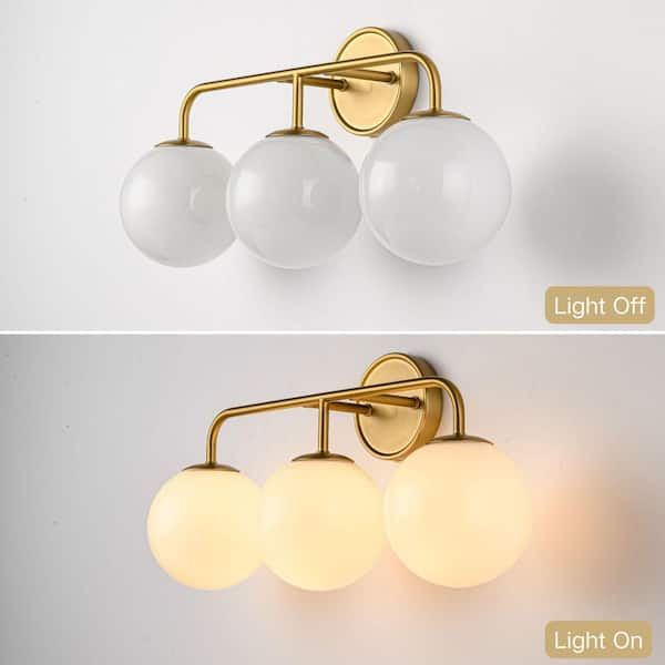 22.05 in. 3 Light Brushed Gold Vanity Light with Milk Glass Shade Modern Bathroom Vanity Light Transitional Wall Sconce