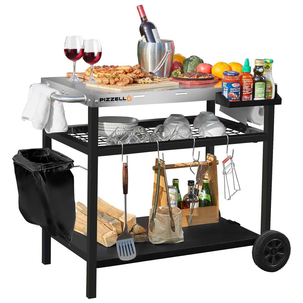 Outdoor Grill Cart Pizza Oven Trolley Stand Double Shelf Outdoor Worktable with 2 Wheels Pizzello