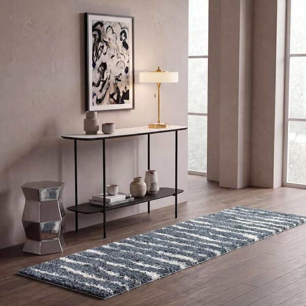 Venus Shag 2 ft. x 6 ft. Dark Gray/Ivory Solid Color Striped Runner Rug