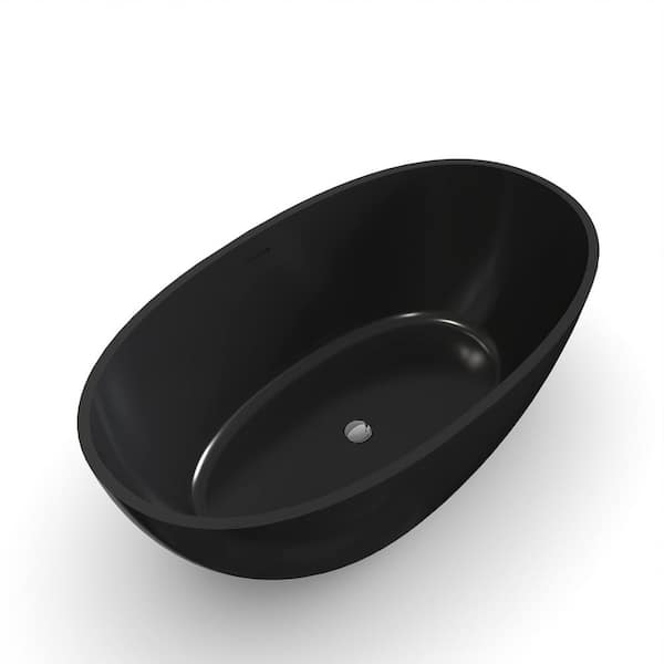 55 in. x 30.7 in. Stone Resin Solid Surface Freestanding Soaking Bathtub with Center Drain in Black/Polished Chrome
