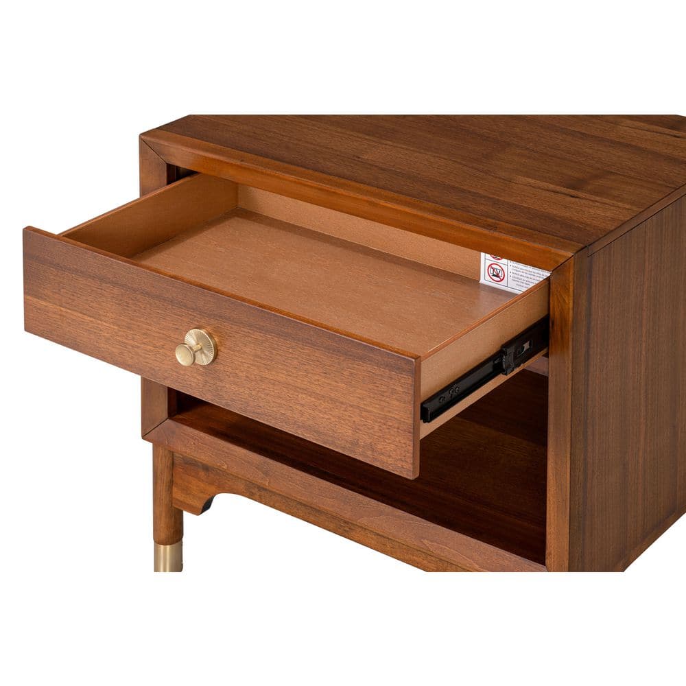 Mid-Century Walnut Nightstand with Gold Accents and LED Light