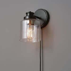 1-Light Matte Black Plug-In or Hardwire Wall Sconce with Seeded Glass Shade, In-Line On/Off Rocker Switch, 6 ft. Cord