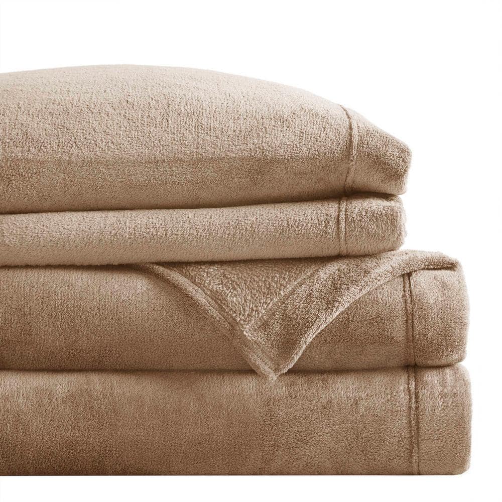 Taupe King Size Plush Polyester Sheet Set with Pillowcases