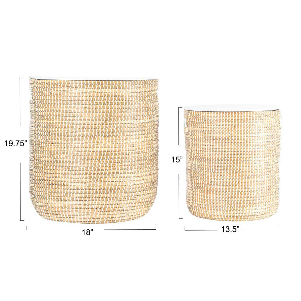 Natural Seagrass and White Wood Round Drum Side Table Set