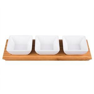 4-Pieces Stoneware Square Bowls and Natural Bamboo Serving Dishes for Parties Rectangular Tray Snack Serving Set