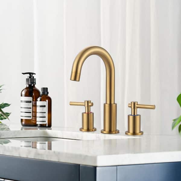 8 in. Widespread Double-Handle High-Arc Bathroom Faucet with Pop-Up Drain 3-Hole Spot Resistant Spout in Brushed Gold