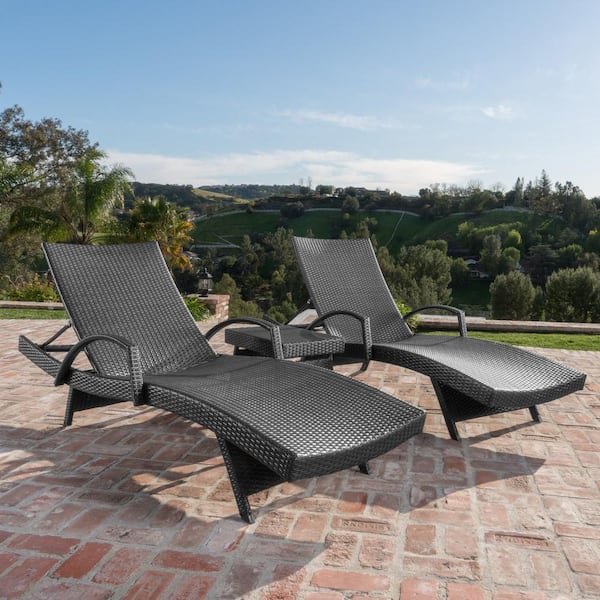 Noble House Miller Grey 3-Piece Faux Rattan Outdoor Chaise Lounge with Armrest