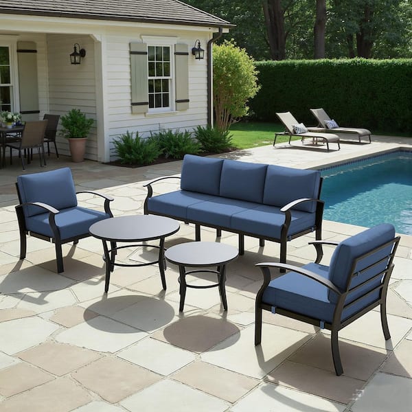 5-Seat Patio Aluminum Conversation Set with a Set of Large and Small Round Coffee Tables, Navy Cushions