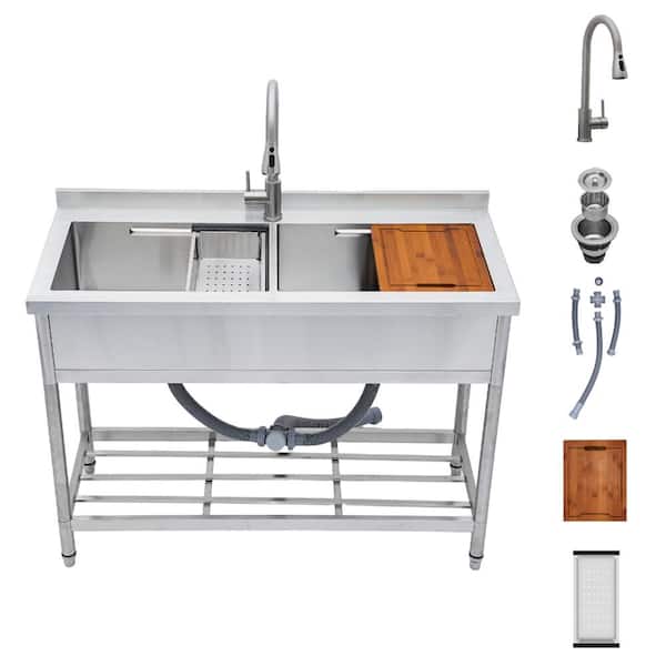47.12x21 Inch Stainless Steel 1-Compartment Freestanding Commercial Sink with Pull-out Faucet for Kitchen