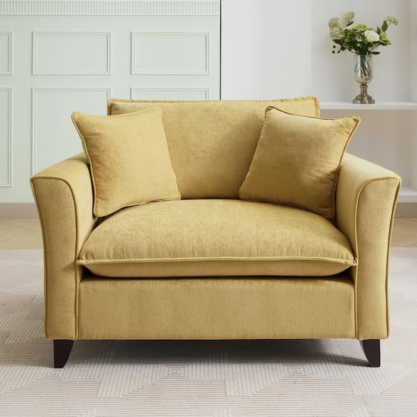 Harper & Bright Designs Yellow Chenille Oversized Armchair, Elegant Ruffled Armrests Accent Chair with 2 Pillows, Solid Rubberwood Legs